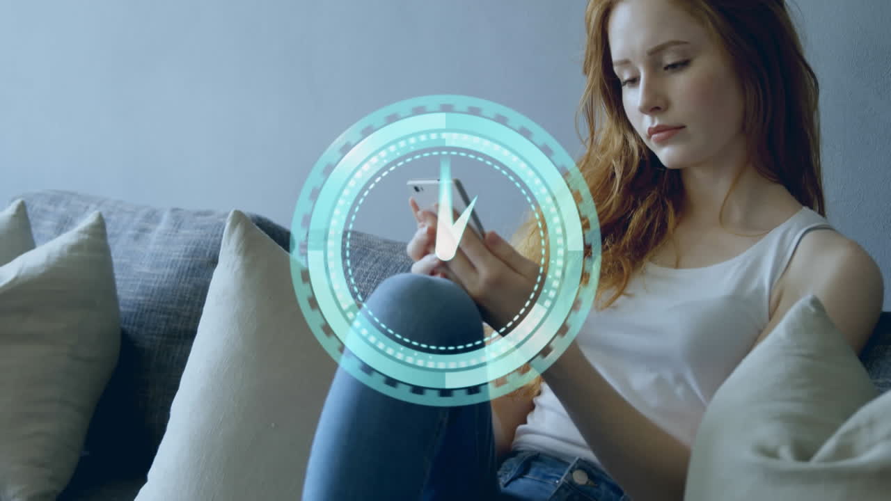 Animation of clock moving fast over woman using smartphone
