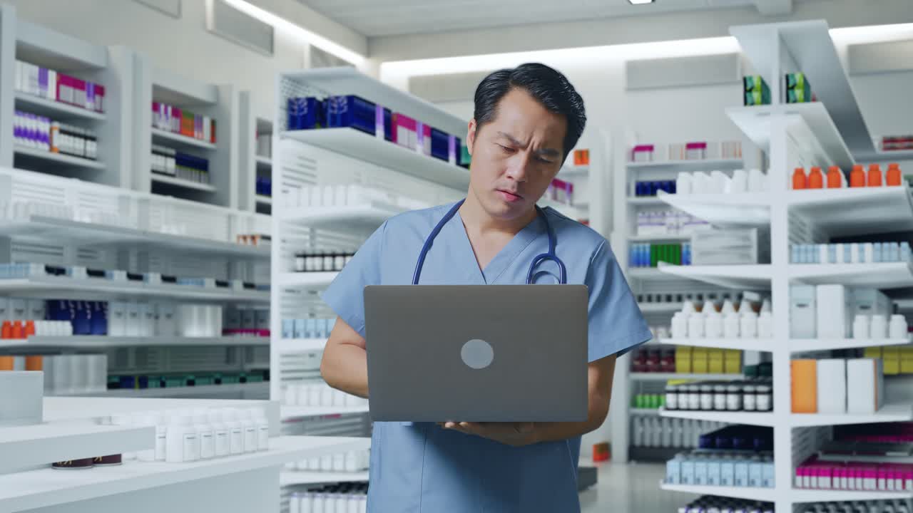약국 에서 노트북 을 사용 하는 동안 두통 을 고 있는 스테토스코프 를 들고 있는 아시아인 남성 의사