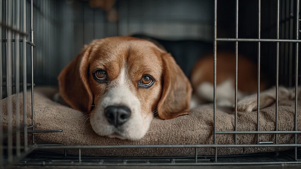 A Beagle's Gaze: Captivating Frames of a Calm and Reflective Dog Waiting in a Cozy Crate