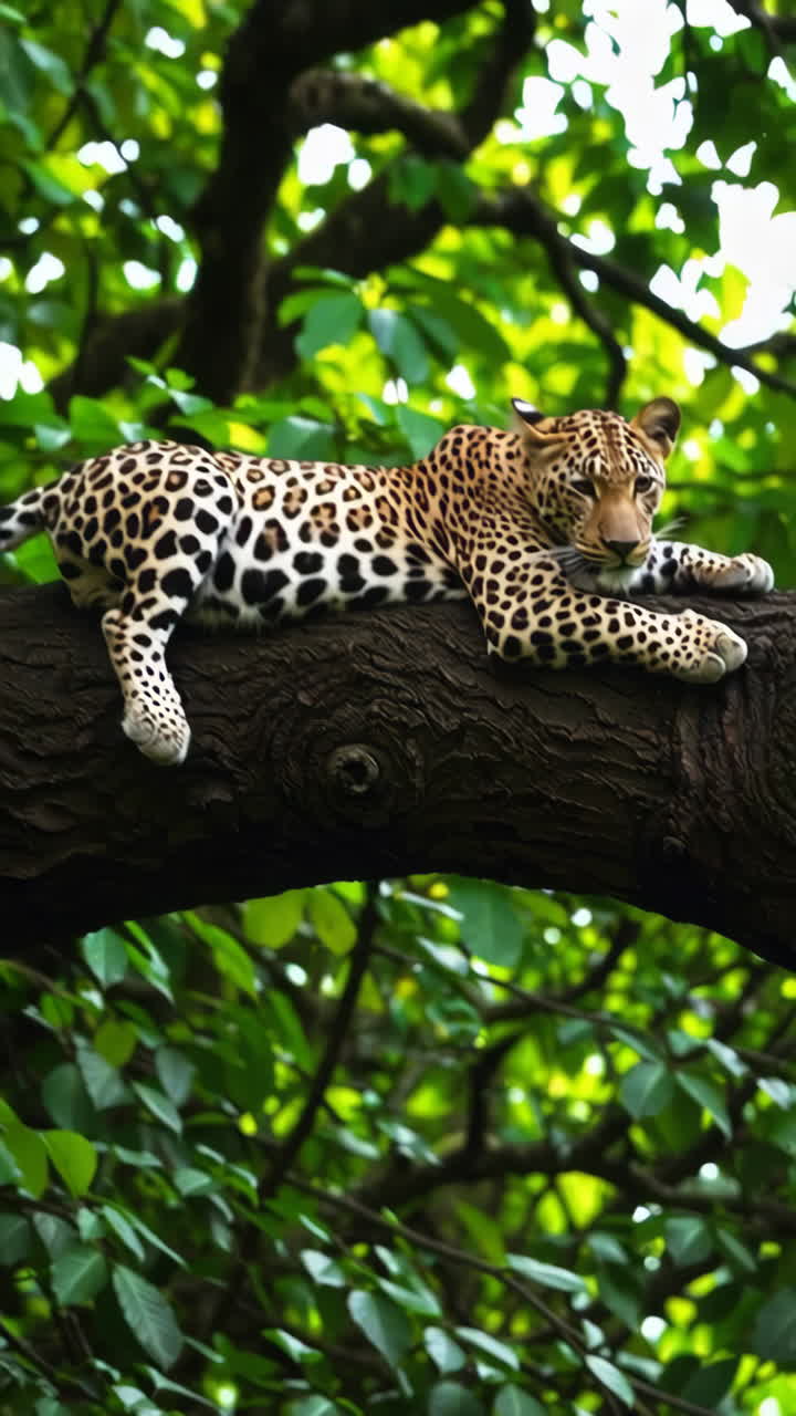 A leopard resting on a tree branch in a lush green forest