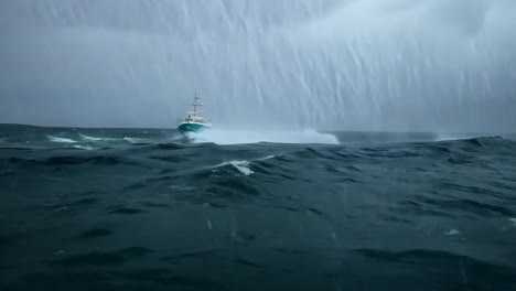 a boat sailing through rough seas in a storm