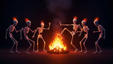 a whimsical gathering of dancing skeletons around a fiery campfire, showcasing joyful spirits and playful movements in an enchanting night setting