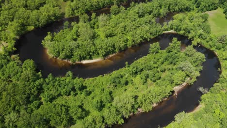 aerial pullback reveal shot above schroon river in upstate new york, usa