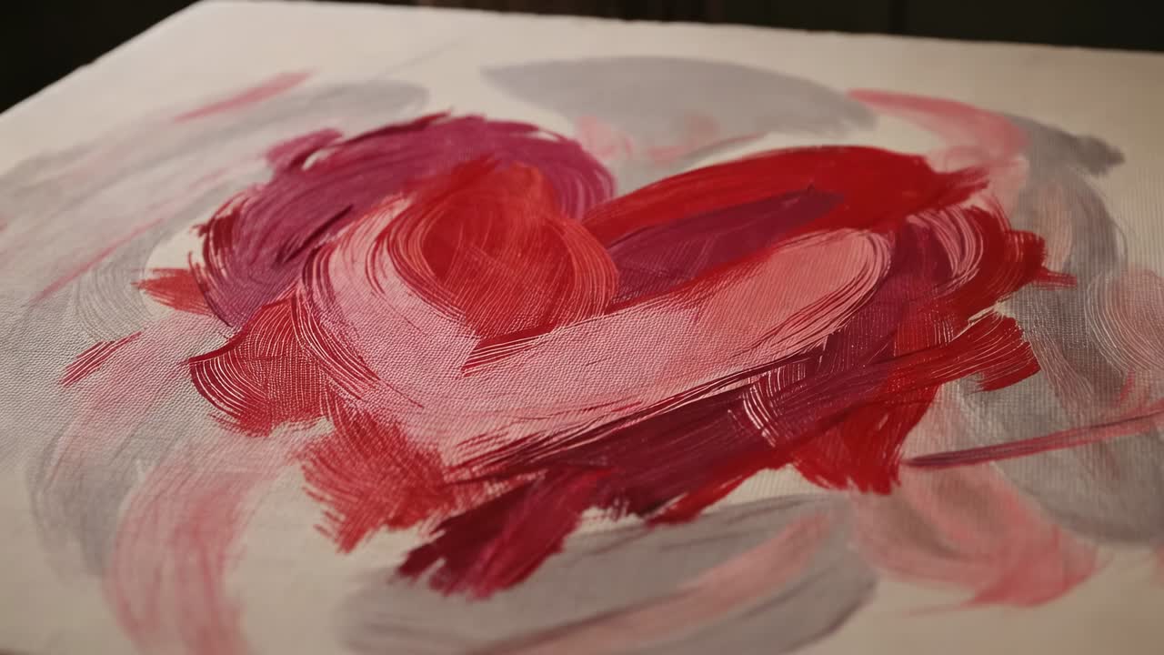 Spostamento dell'inquadratura che avvicina la camera, inclinandosi su un cuore dipinto su un'area di lavoro in studio, mostrando la texture