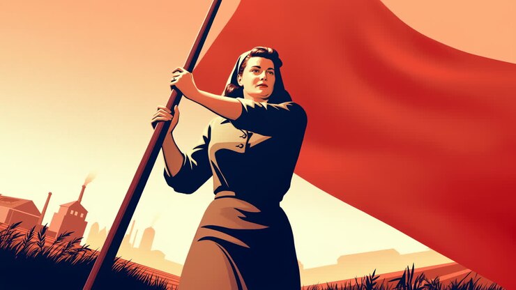 Arte propagandístico de una mujer sosteniendo una bandera roja con un fondo industrial