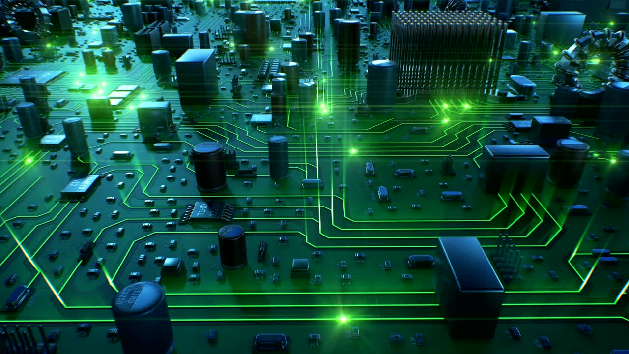 Beautiful Flight Over the Circuit Board With Running Green Lights. Looped 3d Animation of Motherboard with Flares. Technology and Digital Concept.