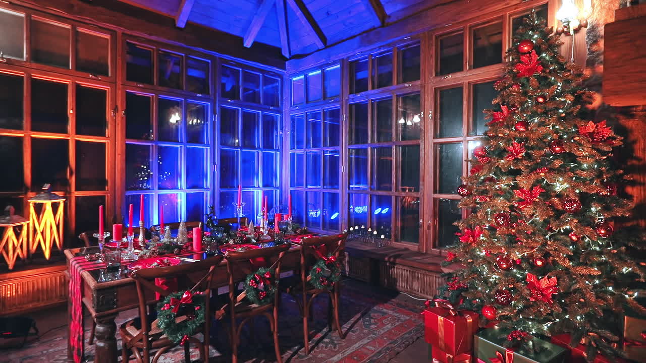 Indoor Christmas holiday celebration. Christmas table design. Full length view. Holiday atmosphere