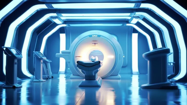 Sala di imaging medico futuristica con tecnologia avanzata di risonanza magnetica in un ambiente moderno ed elegante con illuminazione blu tenue e apparecchiature all'avanguardia