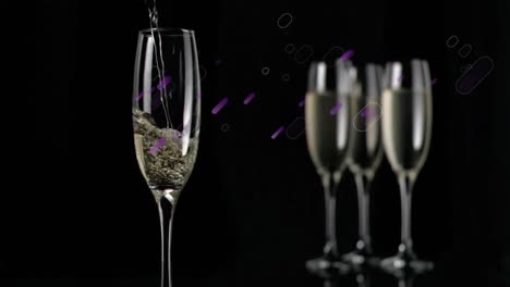 Animation-of-champagne-glasses-and-purple-light-trails-falling-on-black-background