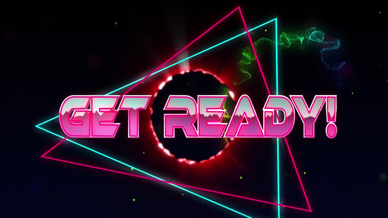 animación de texto listo sobre triángulos sobre círculos contra el patrón de onda en un fondo abstracto