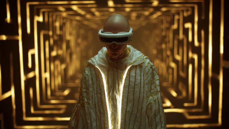 A futuristic figure adorned in a luminous white cloak and high-tech goggles stands in a geometric golden tunnel, symbolizing a blend of technology and art, creating a striking visual experience of digital innovation