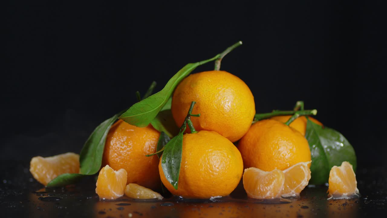 Slices and whole tangerines with cool steam.