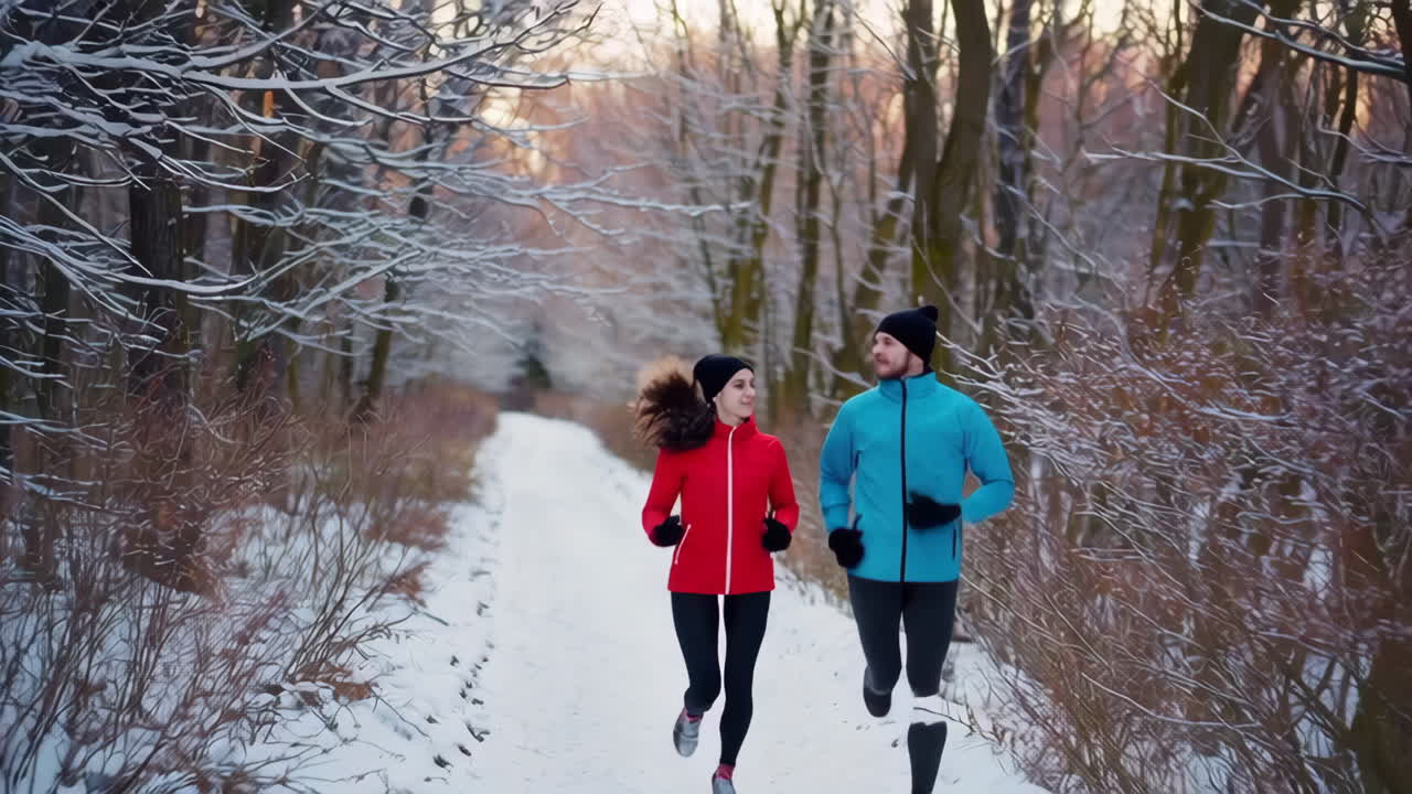 Casal correndo em uma floresta de inverno nevada