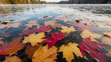 a serene scene of autumn leaves floating on frozen water, capturing the beauty of nature in a tranquil lake setting during the fall season