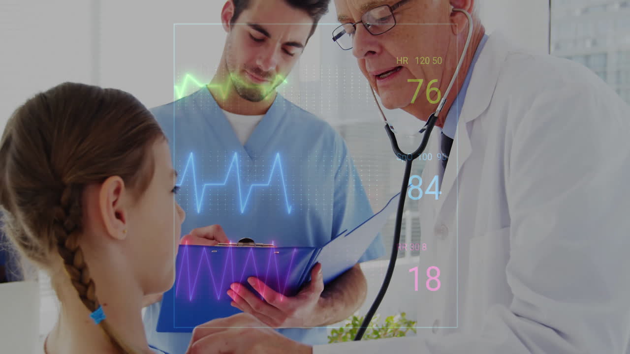 Animation of cardiograph over caucasian male doctor examining his patient