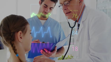 animation of cardiograph over caucasian male doctor examining his patient