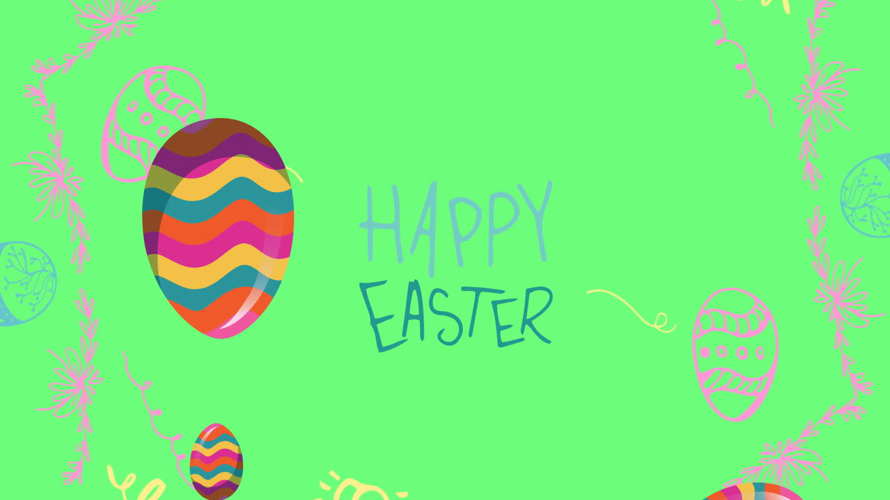 Animazione del testo 'Buona Pasqua' con uova di Pasqua decorate su sfondo verde