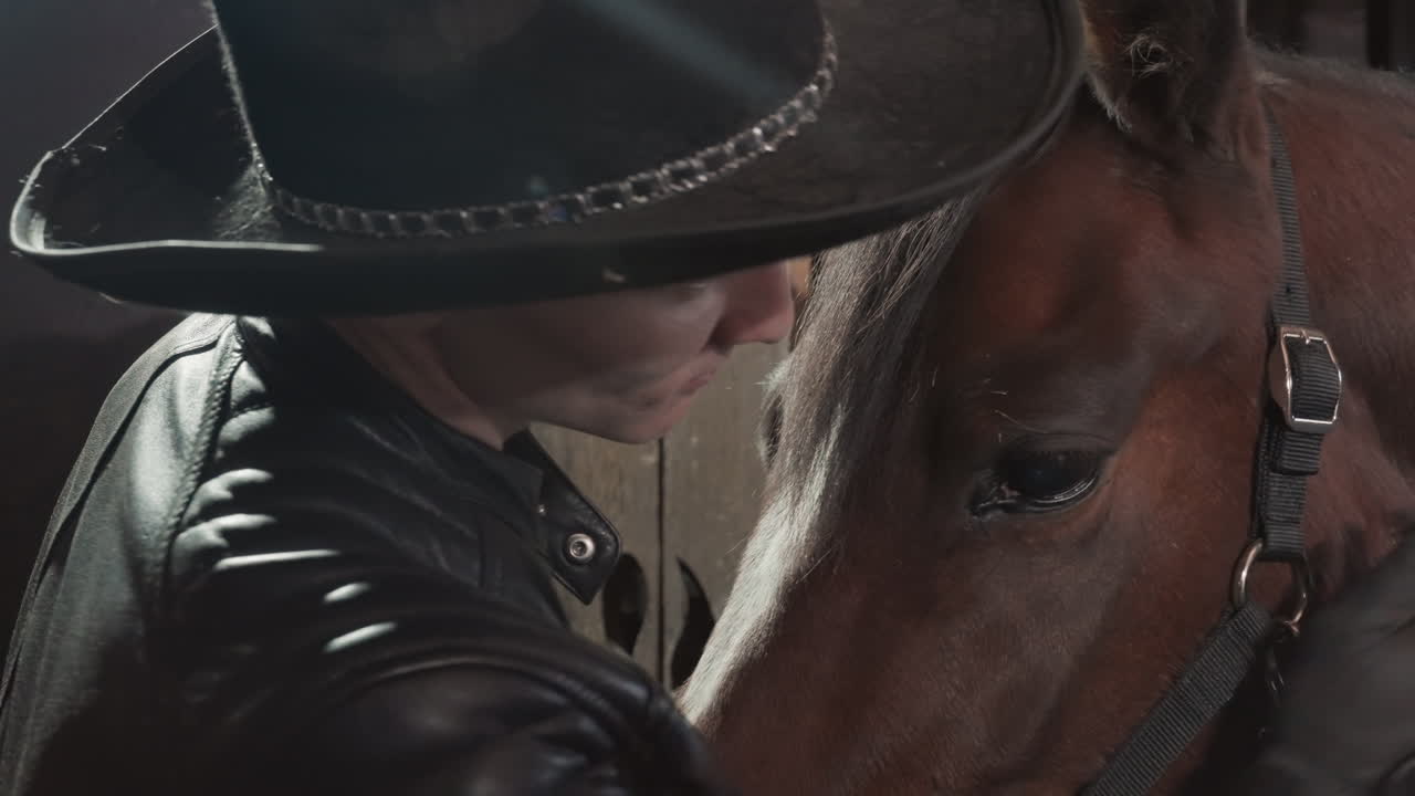 Uomo che abbraccia un cavallo nella stalla dopo la lezione, momento di ricompensa affettuoso con una carezza e un abbraccio, atmosfera di educazione in tandem tra mentore e allievo, giacca di pelle e cappello a tesa larga, bagliore soffuso della lampada, addio emozionante.