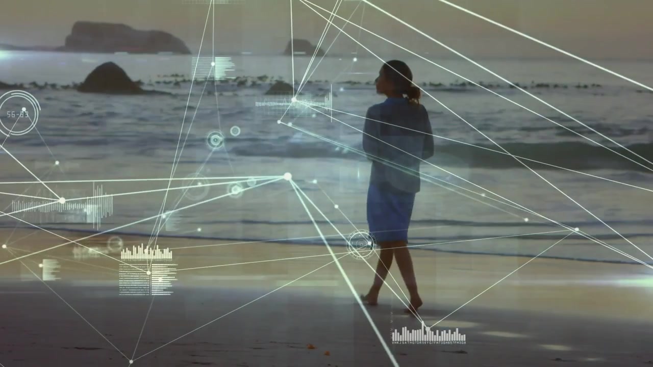 Barefoot woman walking dusk shoreline, motion starting HUD aligning with horizon watching sea