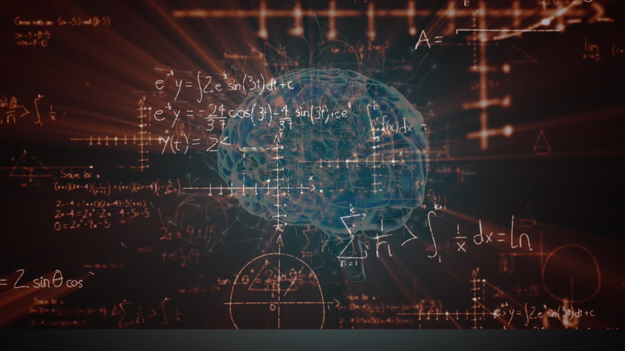 Animation of human brain spinning over mathematical equations on black board