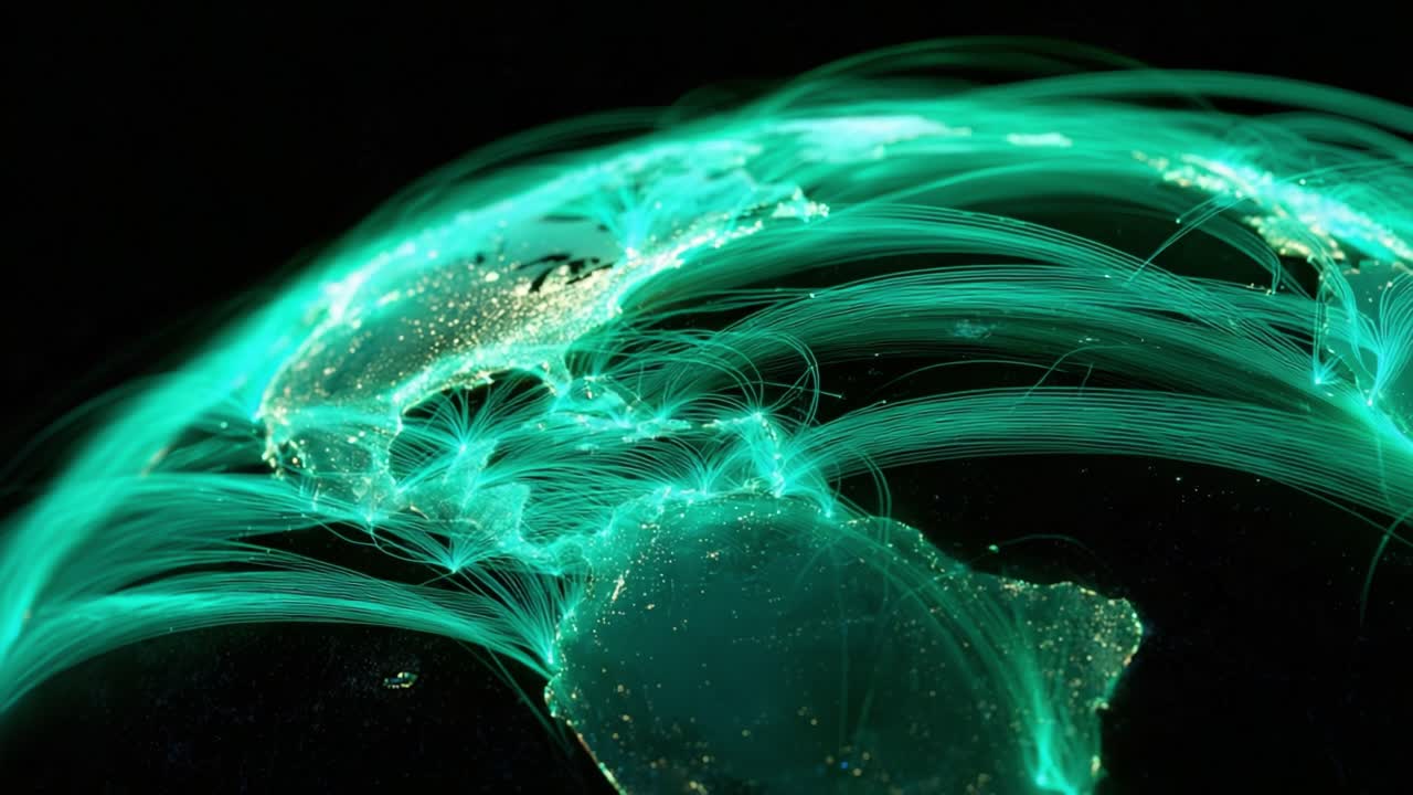 Bright cyan lines representing financial connections, social media, big data, and communication streams spreading across the planet Earth, viewed from space over North and South America