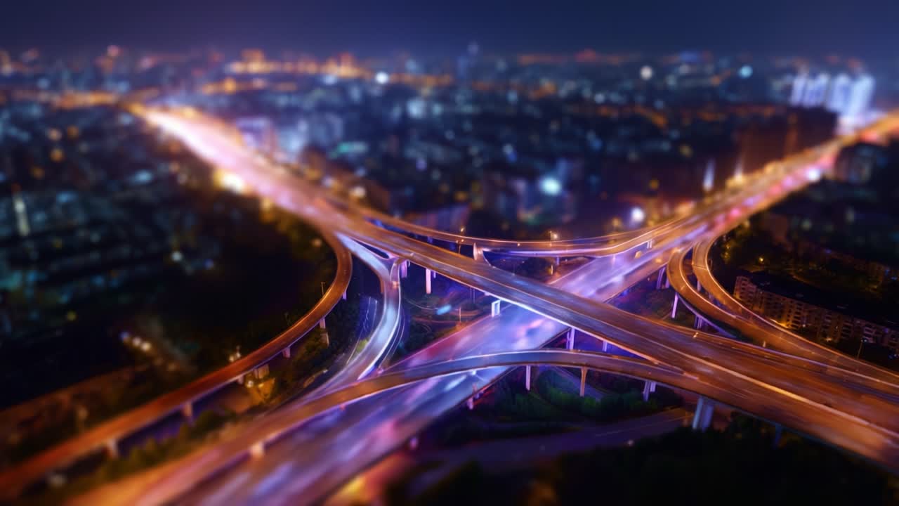 Aerial View of a Majestic Urban Interchange at Night with Dynamic Traffic Flow, Illuminated Roads, and Surrounding City Lights Creating a Vibrant Cityscape