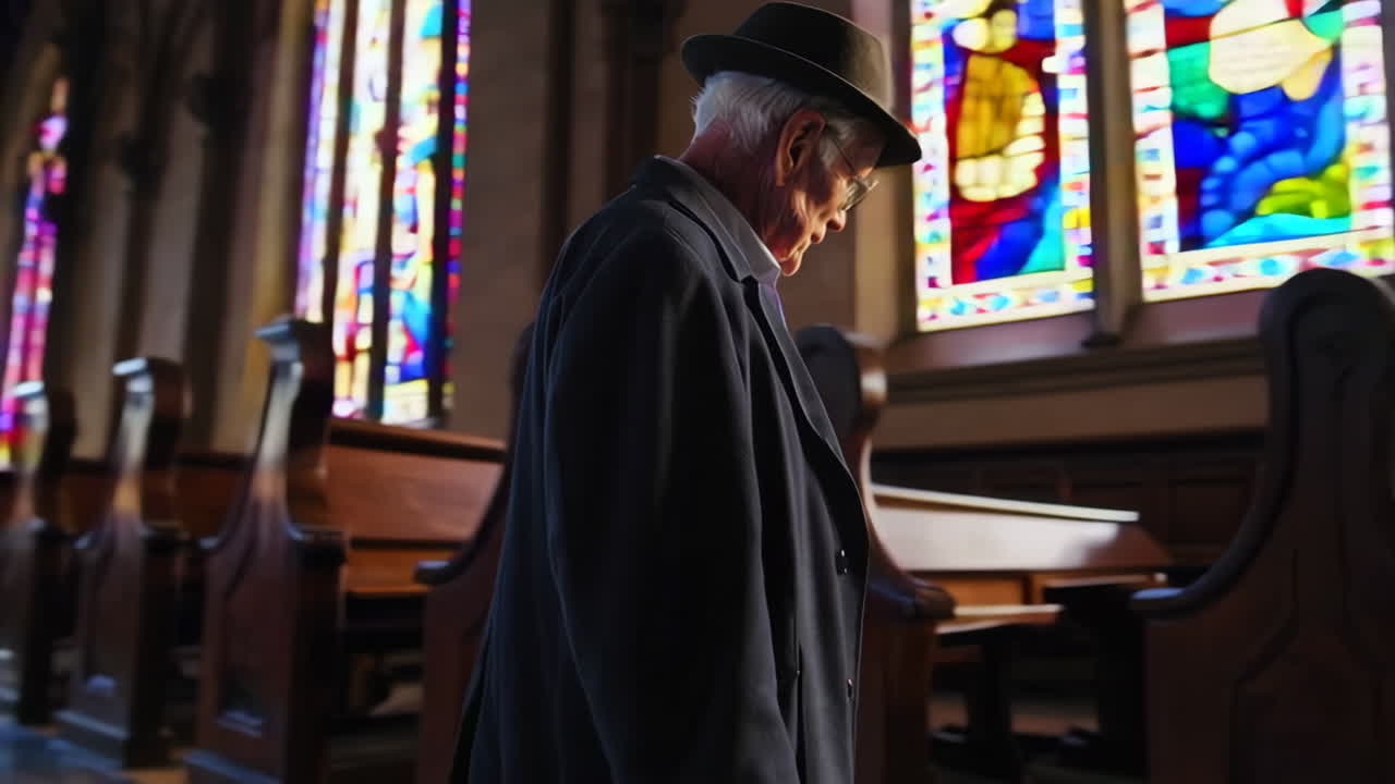 Älterer Mann geht in der Kirche