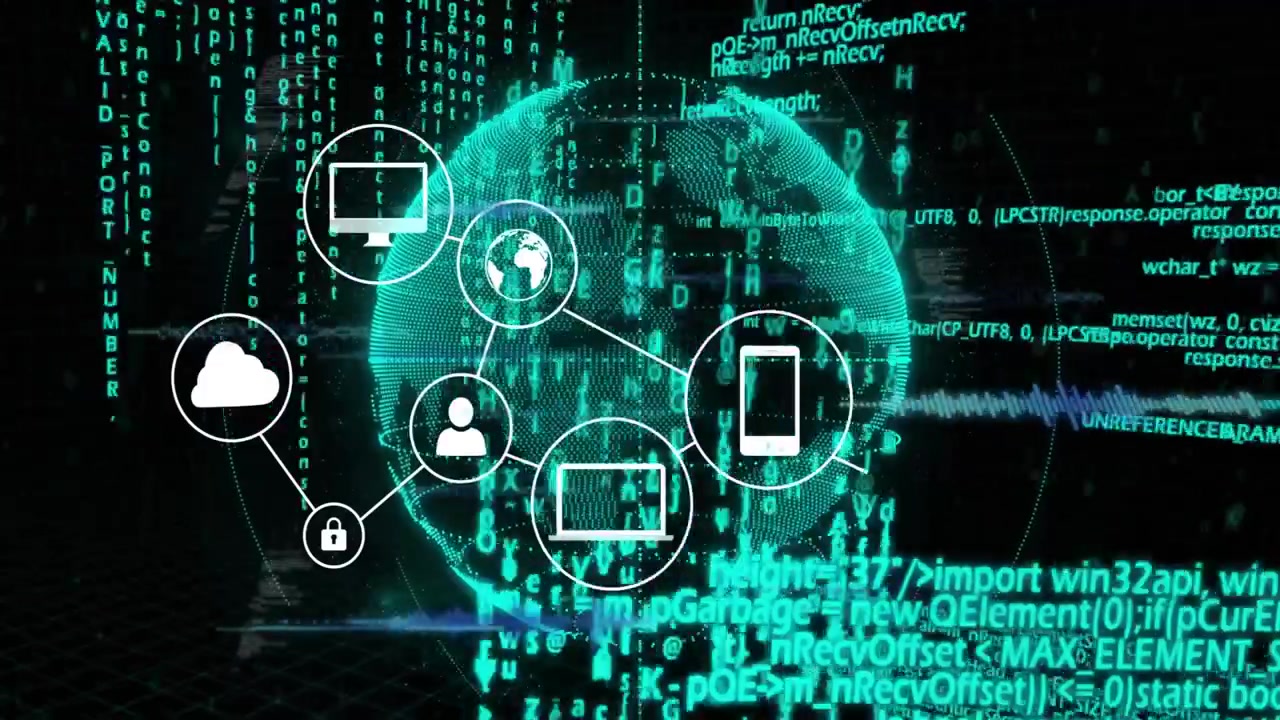 Grid opening Earth rotating, padlock and user icons connecting globe, creating secure cloud network
