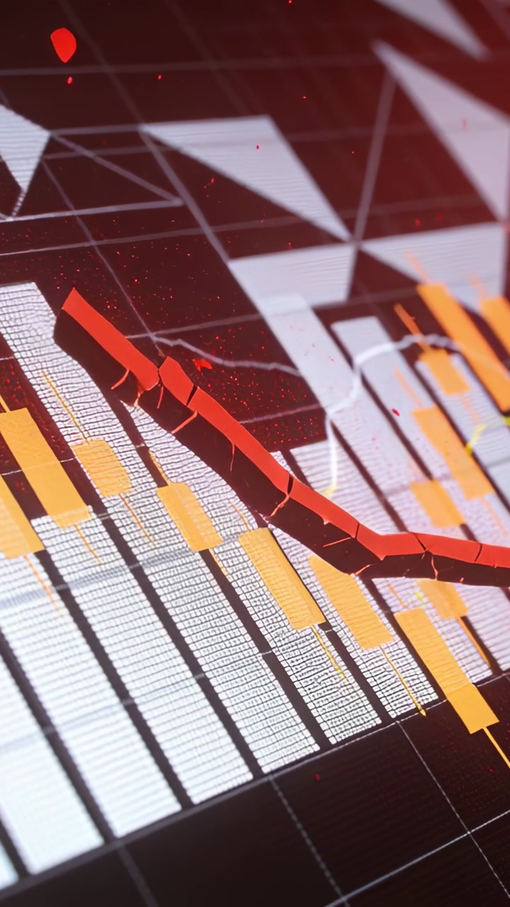 Vertical video: Cracking red 3D trend line reacting to market drop on chart, passing yellow candles
