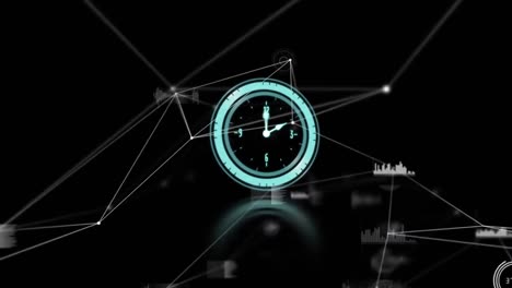 animación de reloj moviéndose rápido con redes de conexiones