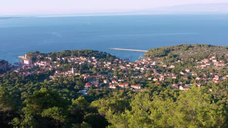 aerial flyover of veli losinj, croatia on a bright sunny day