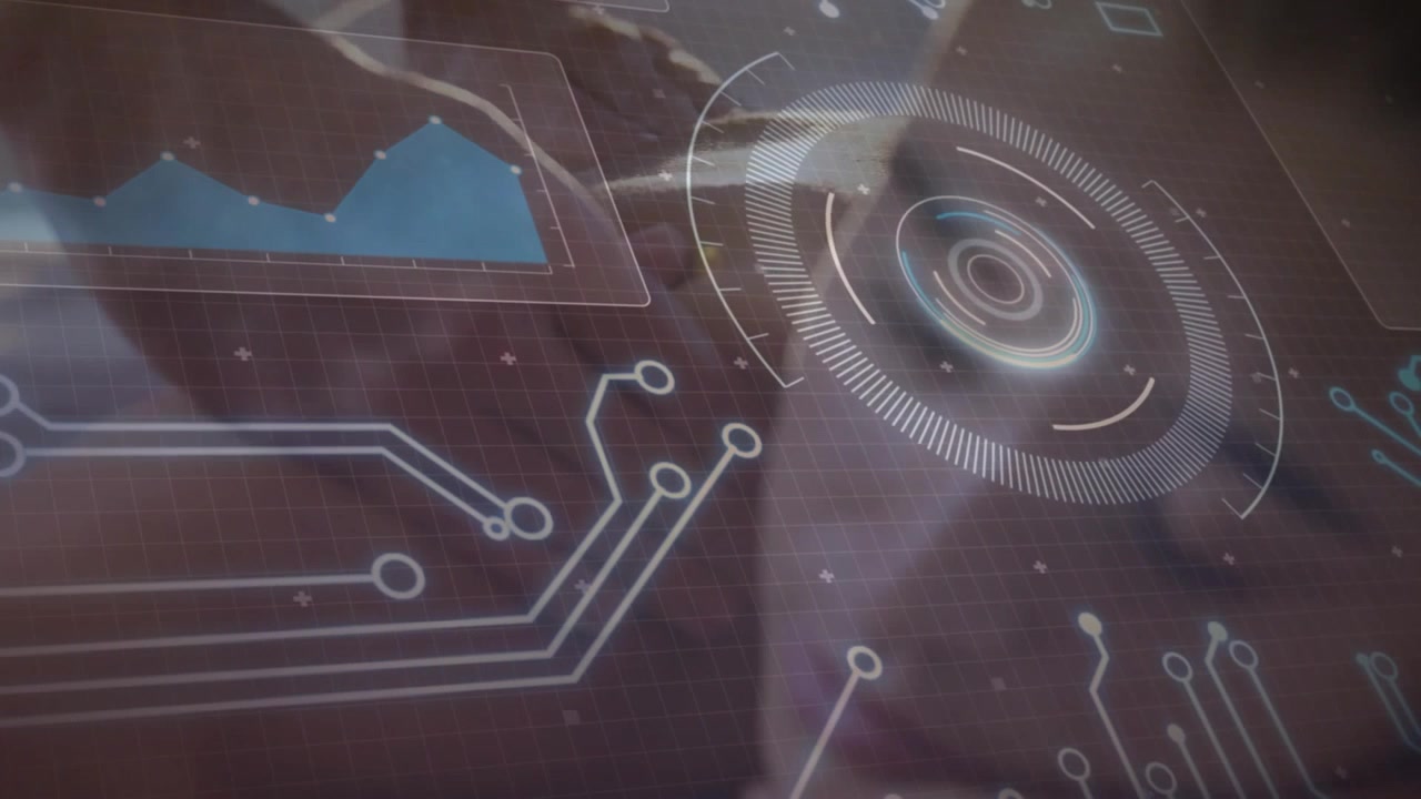 Female programmer typing keyboard, activating chart, circuit traces and circular HUD updating data