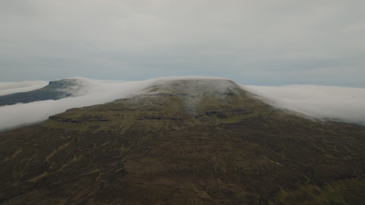 Aerial drone shot of the Scottish coastline after sunset, with dramatic clouds rolling over the landscape and fading light casting a moody, cinematic atmosphere