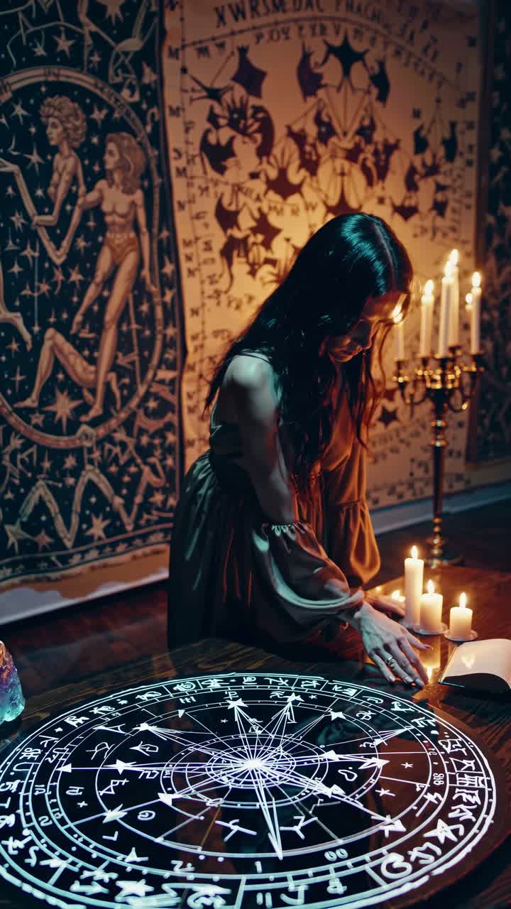 Sebuah adegan video mistis dengan seorang wanita di meja dengan simbol zodiak, lilin, dan kristal