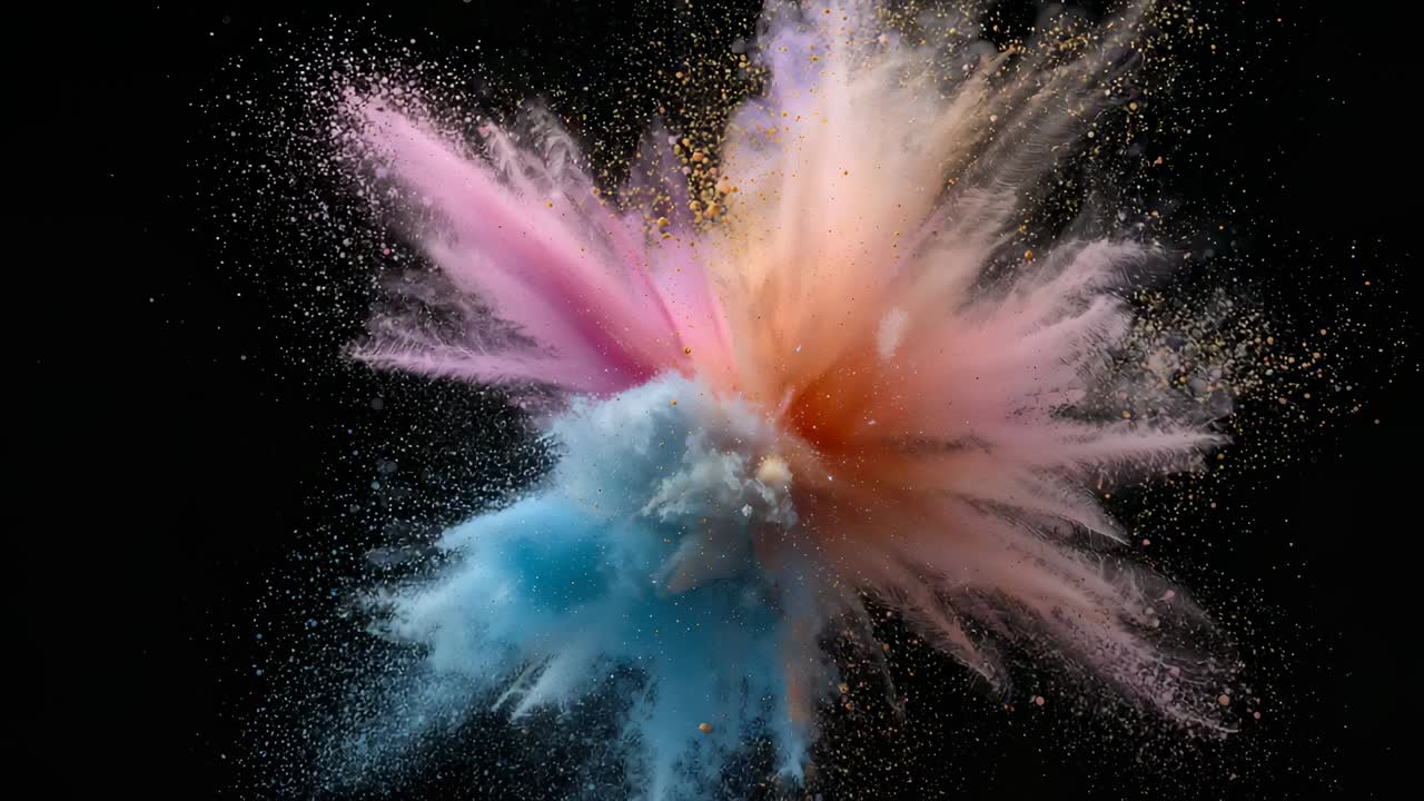 Explosión tras el flash, nube de polvo de color expandiéndose sobre un fondo negro que lanza partículas doradas