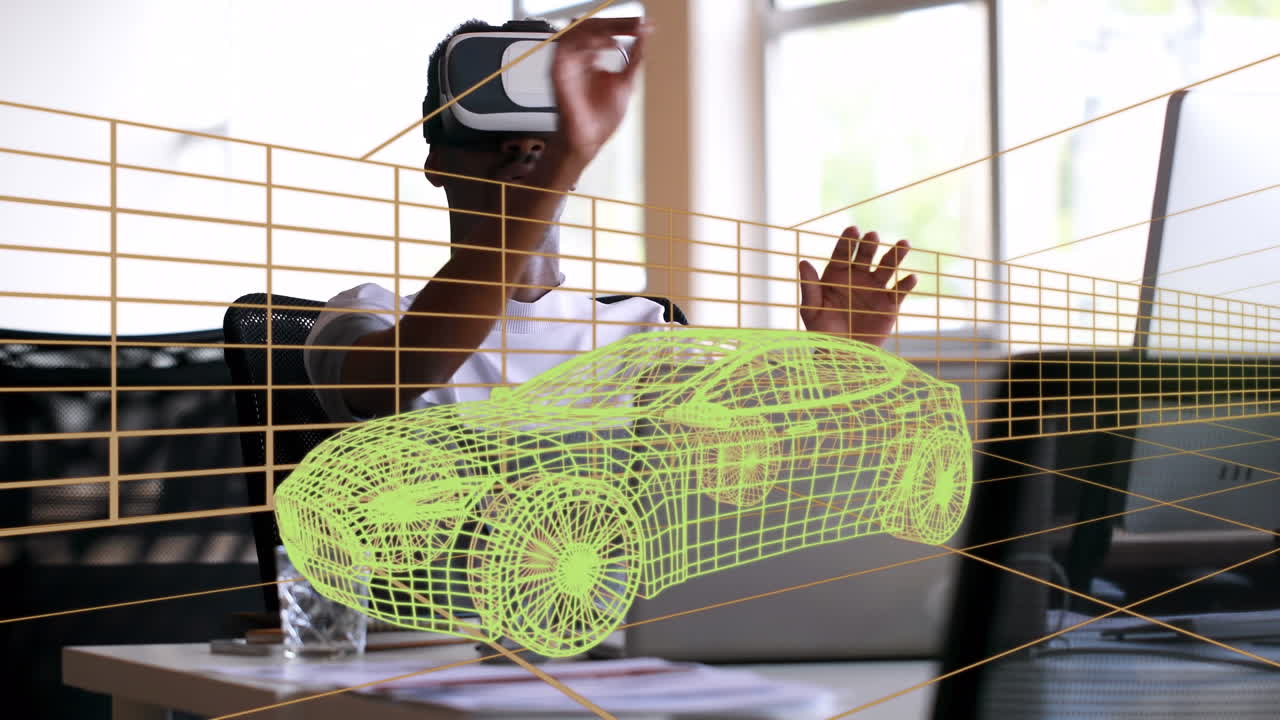 animación de dibujo 3d digital de un coche sobre un hombre usando auriculares vr