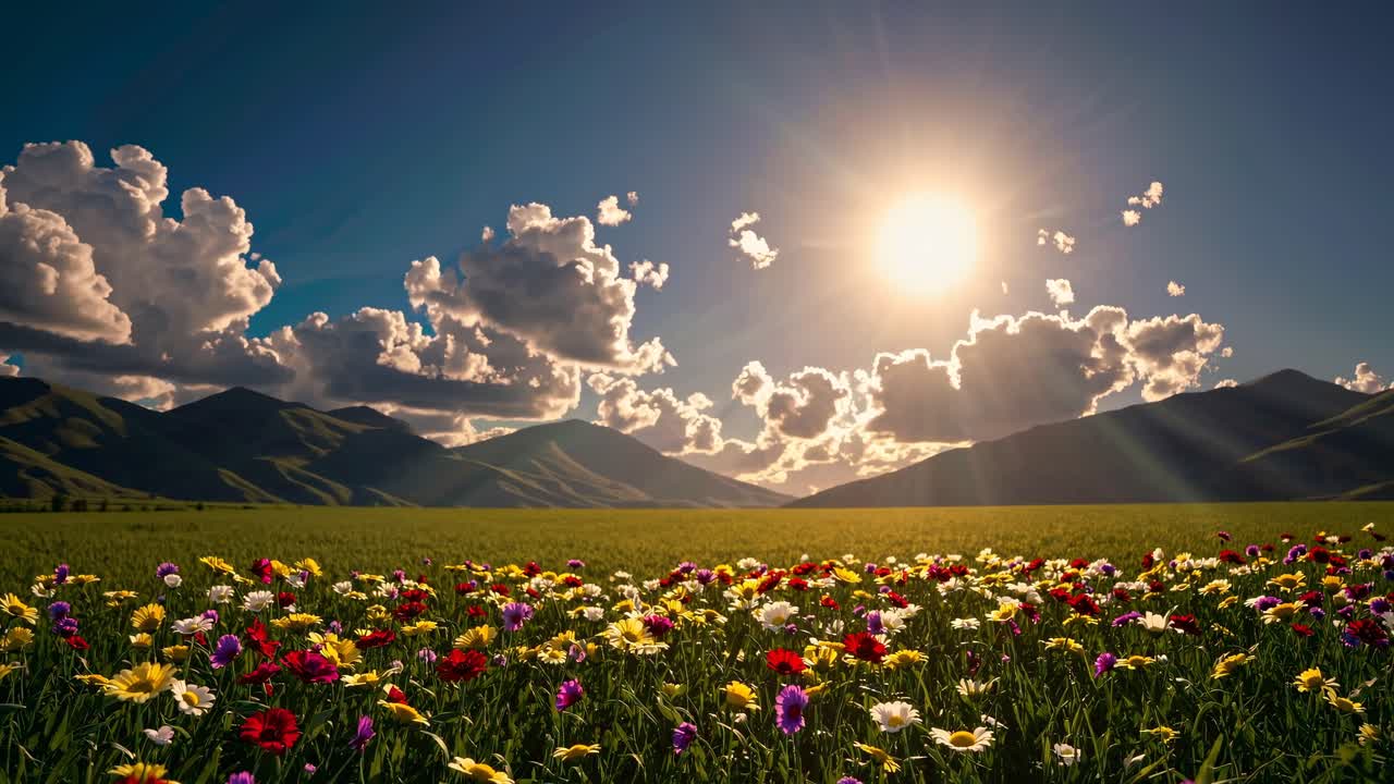 Vibrant video concept of a blooming flower field under a bright sun