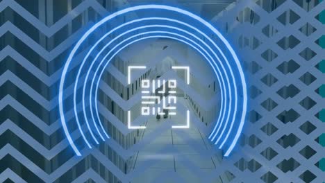 Animation of neon qr code and chevron pattern over servers and back of man