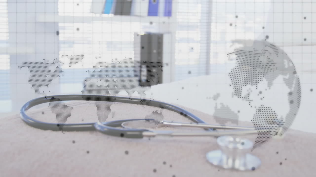 Medical stethoscope resting on desk, showing digital globe and world map in animated illustration