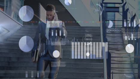 animación del procesamiento de datos financieros sobre un empresario caucásico que usa un teléfono inteligente