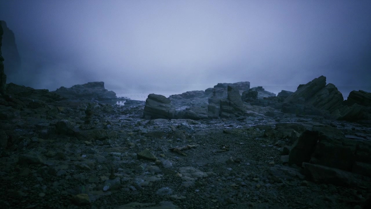 Calm early light gently caresses obscured shoreline stones for contemplation