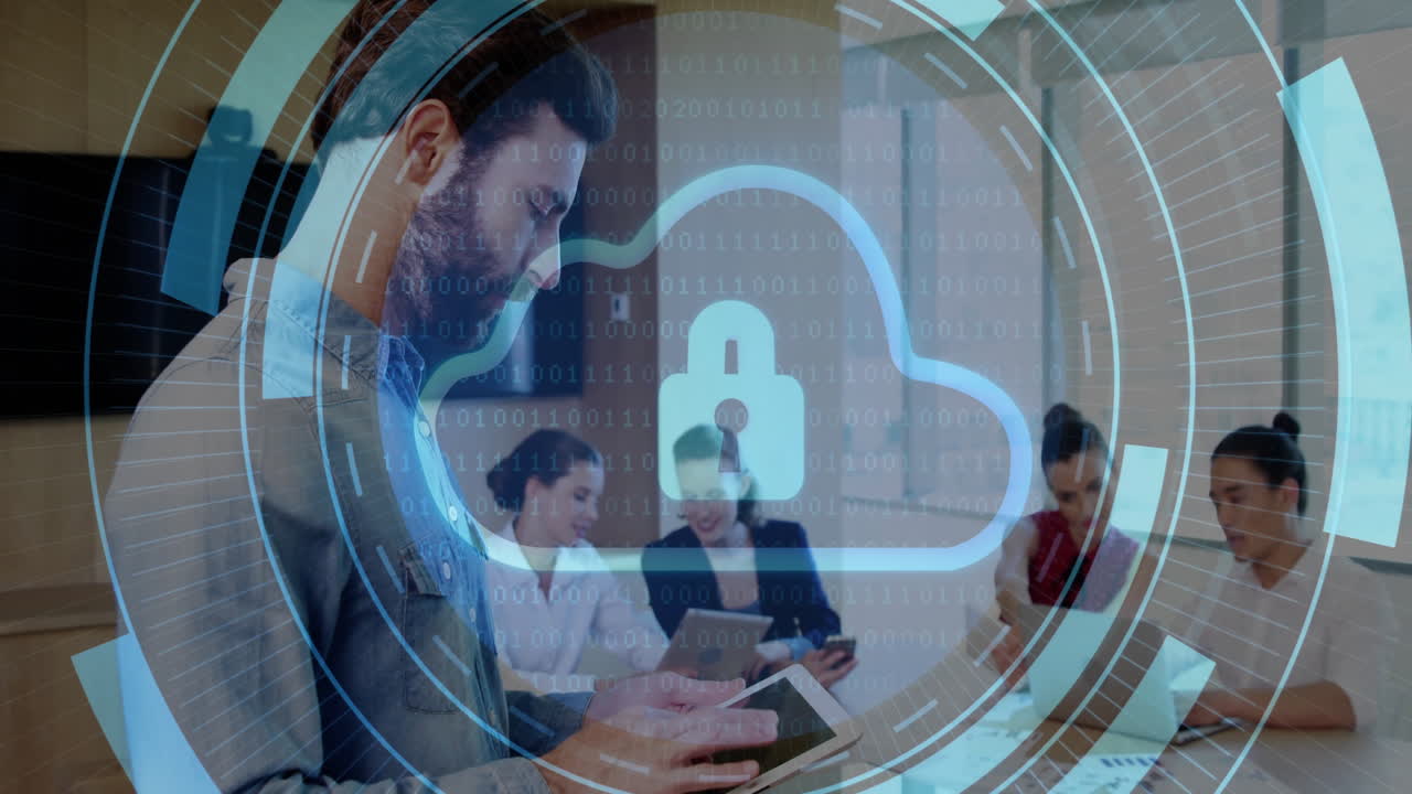 Collaborating in office, business team with cloud security animation overlay scene