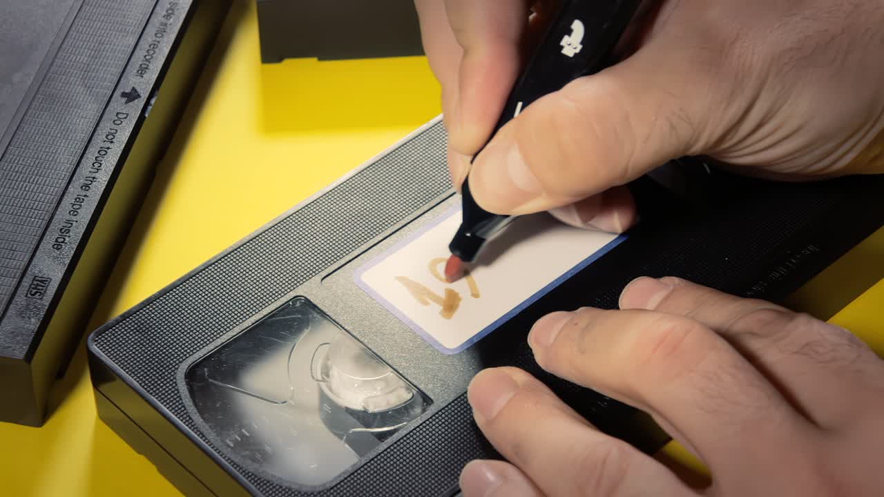Writing the text 1990's on the white label of an old VHS videotape , with a marker
