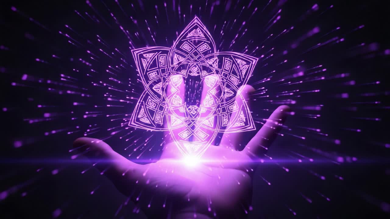 Illuminated Hand Casting Energetic Patterns with Mystical Symbols Radiating in a Purple Spectrum, Creating a Visual Harmony of Light and Design