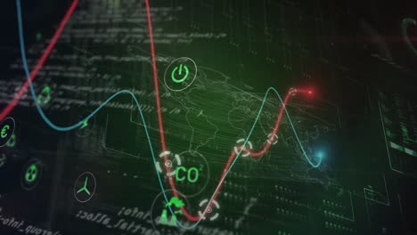 animación del procesamiento de datos financieros con iconos y un mapa del mundo sobre fondo negro