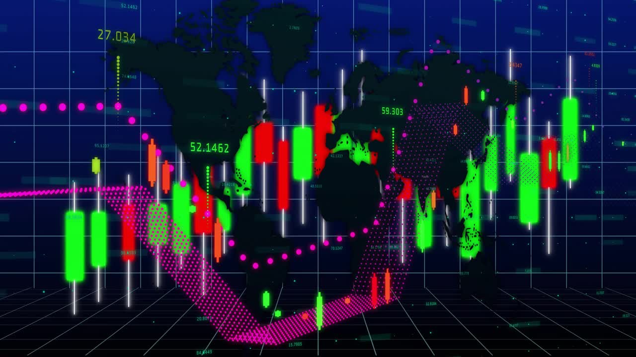 Ett öppnande rutnät som visar en världskarta med flimrande färgade candlestick-diagram som blir till en pil som visar marknadsuppgång