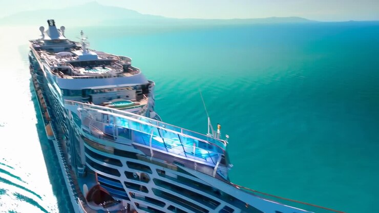 Aerial video of a luxury cruise ship sailing in open sea, showcasing its decks and pools