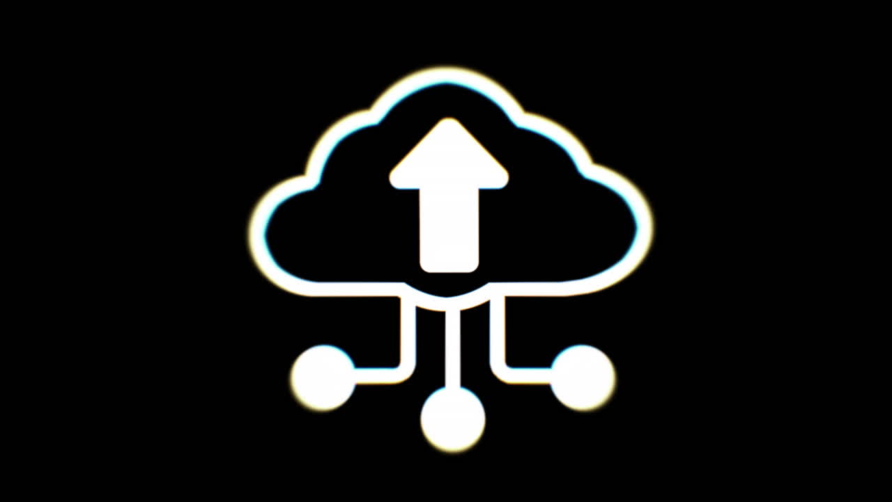 efecto de fallo de distorsión de ruido intencional: un dibujo de una nube con puntos de circuitos impresos y una flecha apuntando hacia arriba