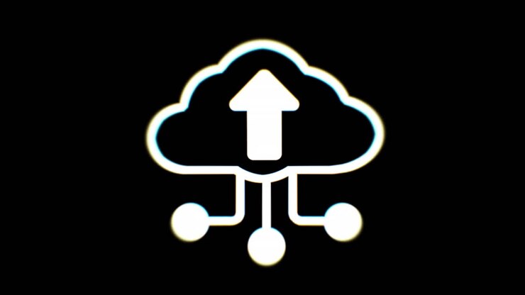 Intentional noise distortion glitch effect: a drawing of a cloud with printed circuit dots and an arrow pointing upwards