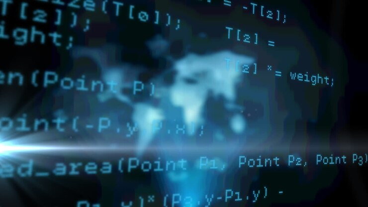 Digital animation of spot of light and data processing against world map on blue background